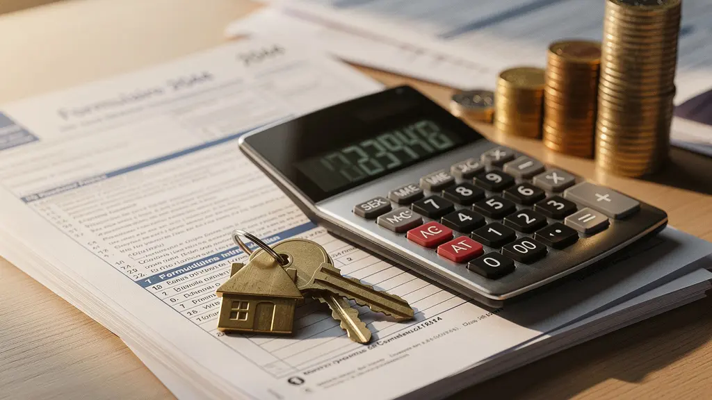 Calculatrice posée sur des documents fiscaux avec clés de maison et pile de pièces symbolisant l'optimisation fiscale immobilière