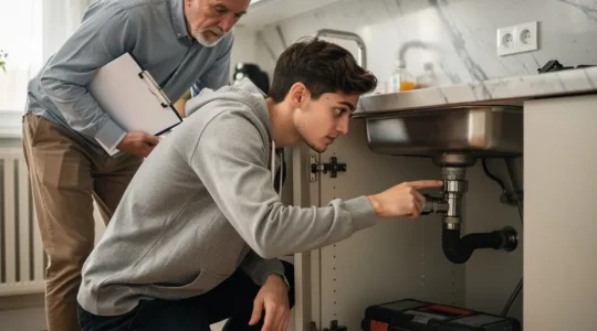 Un propriétaire et un locataire inspectant ensemble une fuite d'eau dans une cuisine moderne