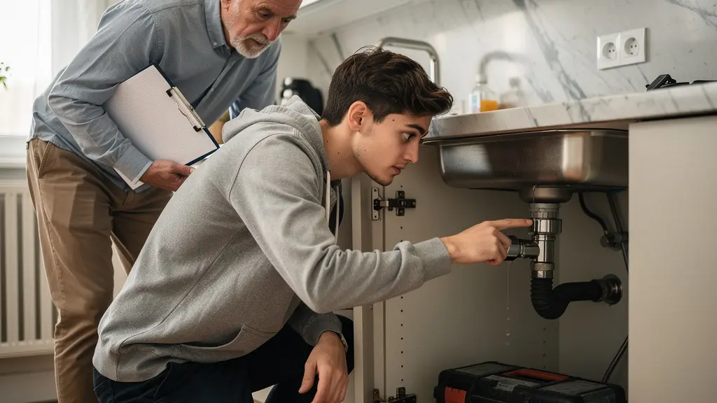 Un propriétaire et un locataire inspectant ensemble une fuite d'eau dans une cuisine moderne