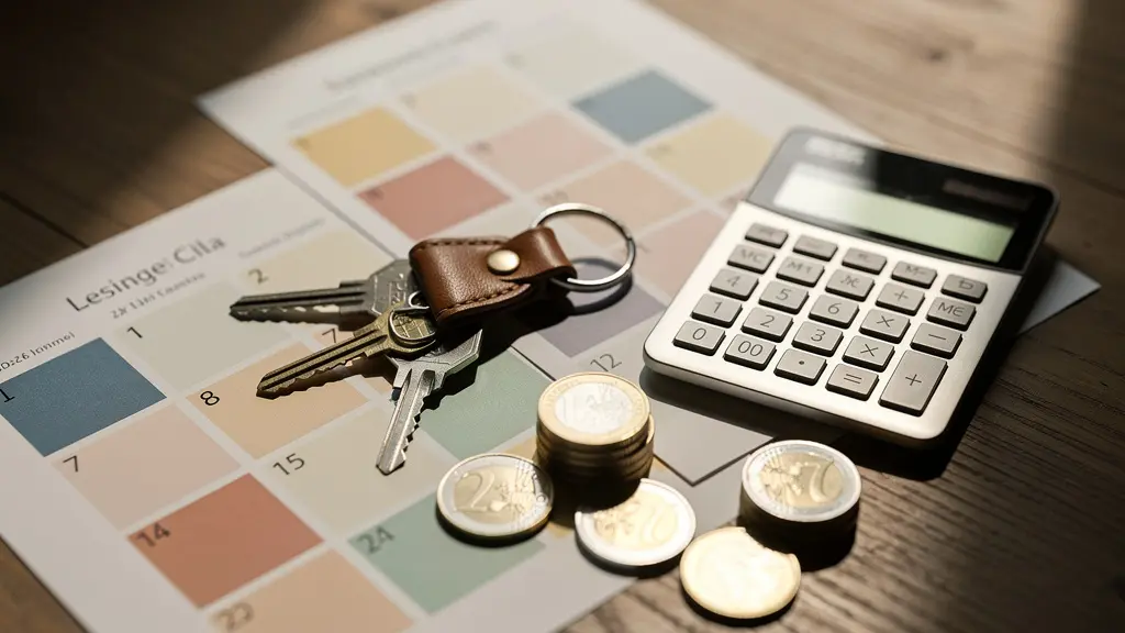 Clés posées sur un calendrier de réservation avec stylo et calculatrice