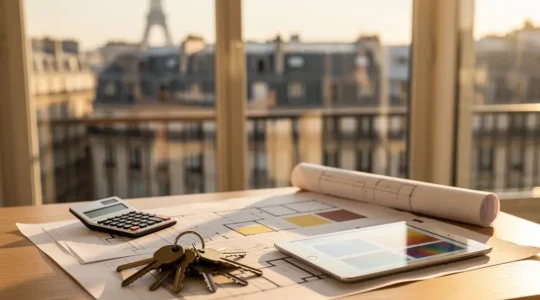 Propriétaire analysant la rentabilité de sa location saisonnière sur un bureau lumineux avec vue sur des immeubles parisiens