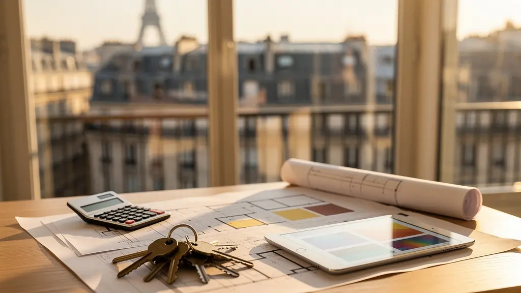 Propriétaire analysant la rentabilité de sa location saisonnière sur un bureau lumineux avec vue sur des immeubles parisiens