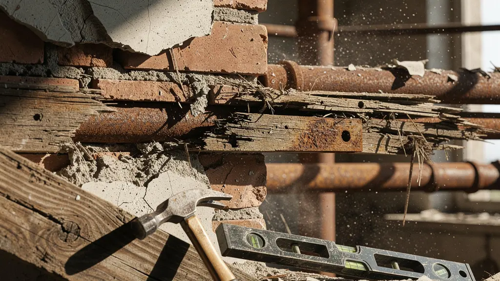 Intérieur d'une maison en rénovation lourde avec poutres apparentes et outils de chantier