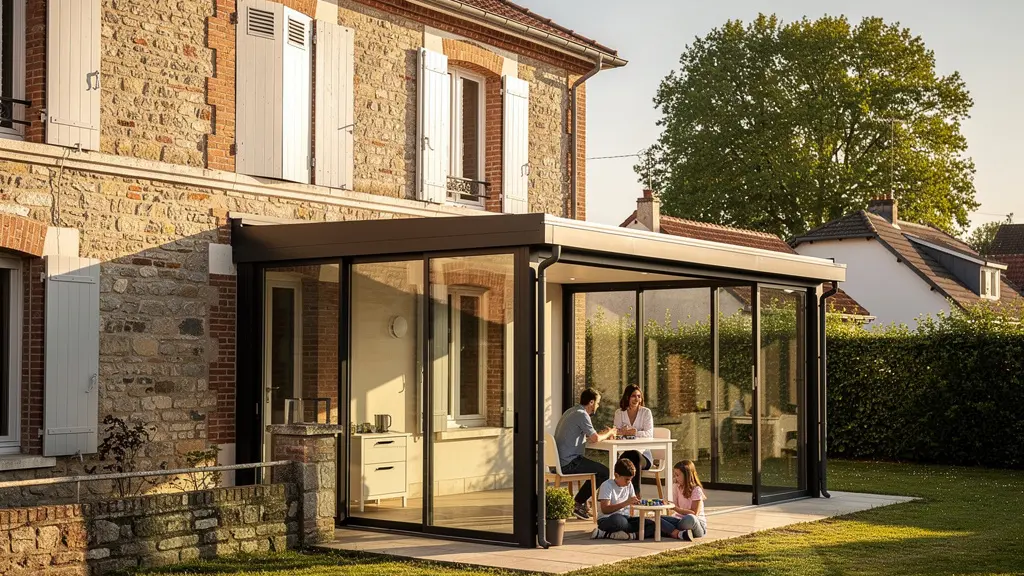 Maison française rénovée avec véranda bioclimatique moderne parfaitement intégrée