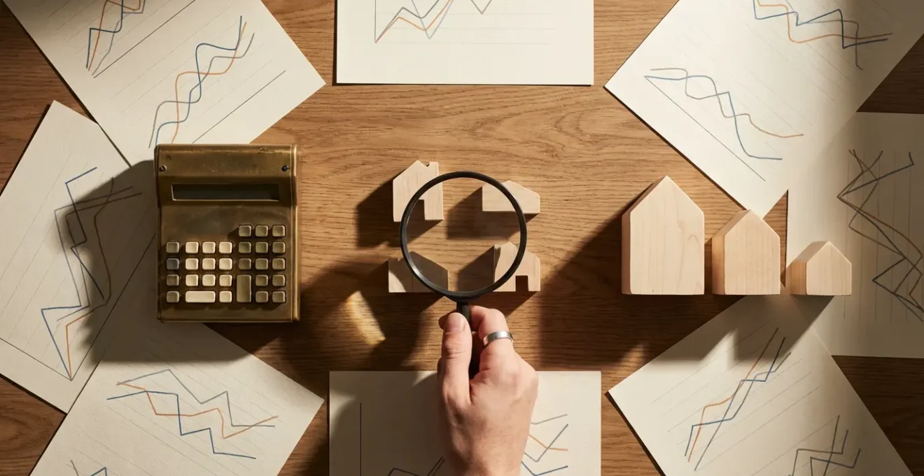 Bureau moderne avec graphiques immobiliers et calculatrice sur table en bois