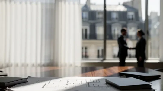 Vue d'un bureau élégant avec documents immobiliers confidentiels et poignée de main professionnelle en arrière-plan