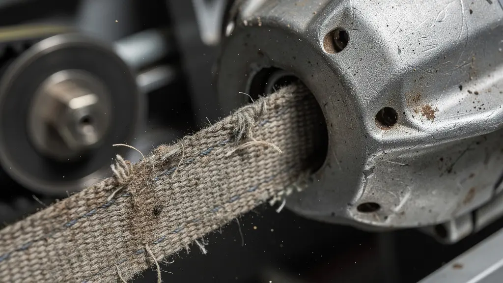 Vue macro détaillée du mécanisme interne d'un volet roulant montrant sangle et moteur