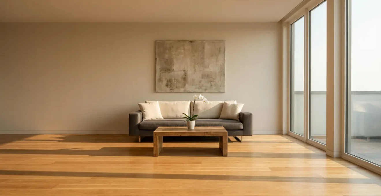 Salon moderne et épuré avec mobilier neutre et lumière naturelle, préparé pour la vente immobilière