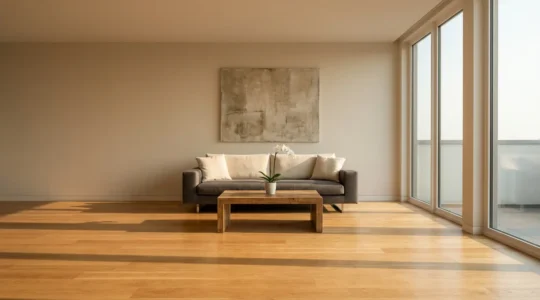 Salon moderne et épuré avec mobilier neutre et lumière naturelle, préparé pour la vente immobilière