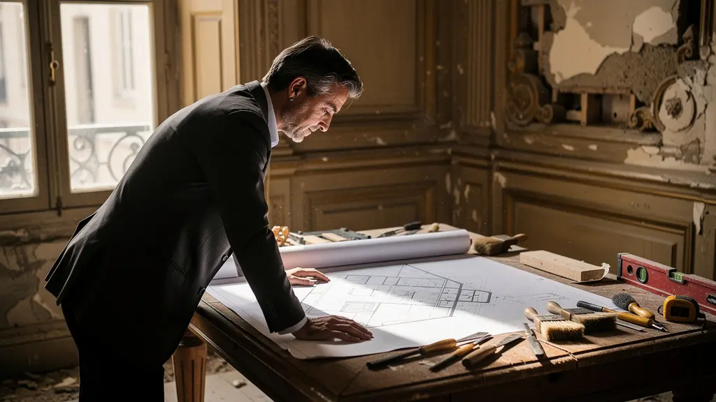 Architecte des Bâtiments de France examinant les plans de rénovation d'un monument historique