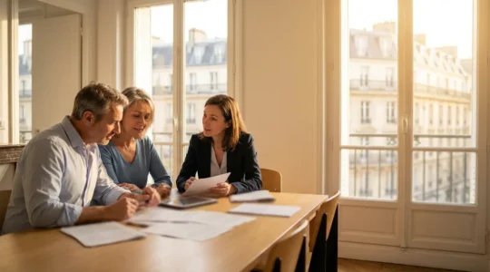 Négociation immobilière entre acheteur et vendeur dans un appartement lumineux avec vue sur la ville