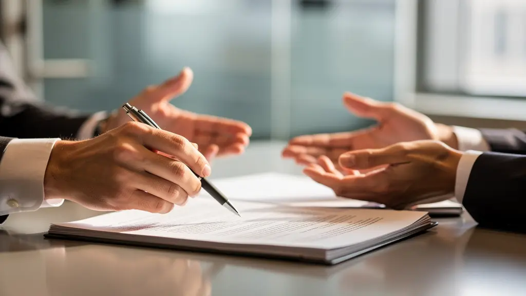 Réunion professionnelle avec documents financiers flous sur table de négociation