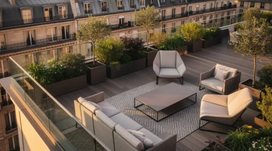 Vue aérienne d'un penthouse de luxe avec terrasse végétalisée surplombant les toits de Paris au coucher du soleil