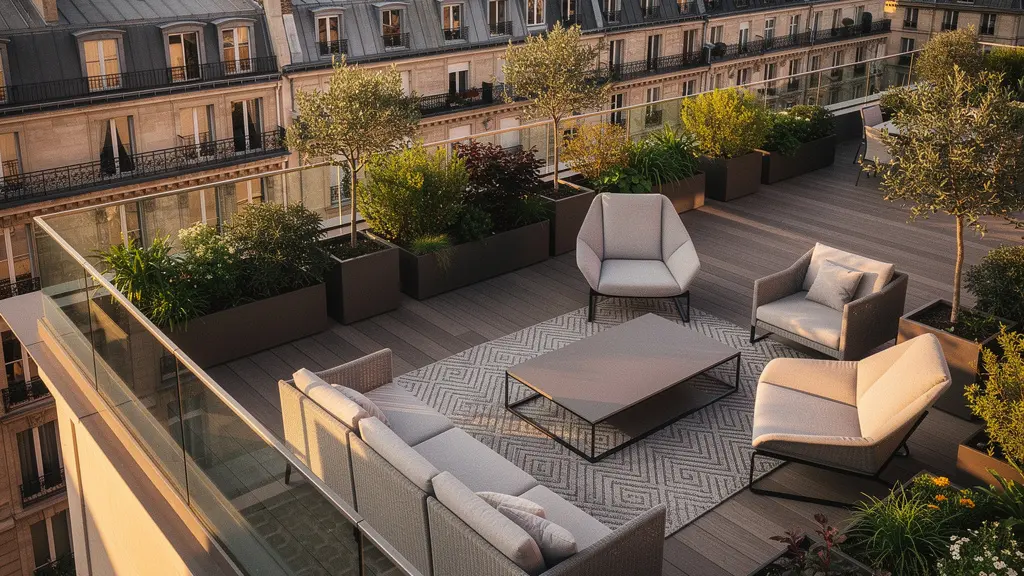 Vue aérienne d'un penthouse de luxe avec terrasse végétalisée surplombant les toits de Paris au coucher du soleil