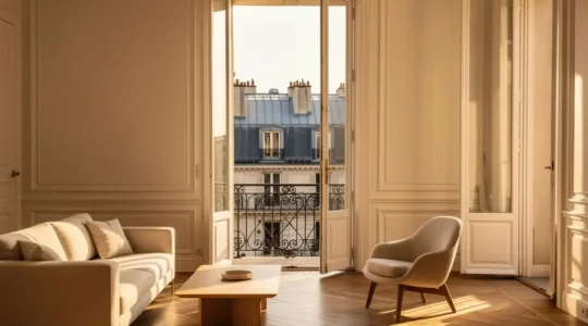 Vue d'un appartement haussmannien parisien avec terrasse donnant sur la tour Eiffel, baigné de lumière dorée
