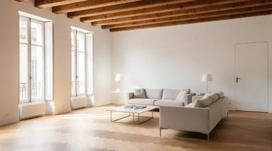 Intérieur lumineux d'une maison rénovée avec charpente apparente et matériaux modernes