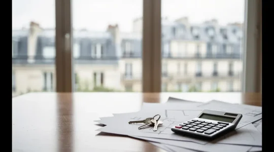 Clés d'un appartement moderne avec vue sur Paris, documents financiers et calculatrice sur table en bois