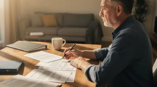 Propriétaire analysant des documents de garantie locative dans un bureau moderne avec lumière naturelle