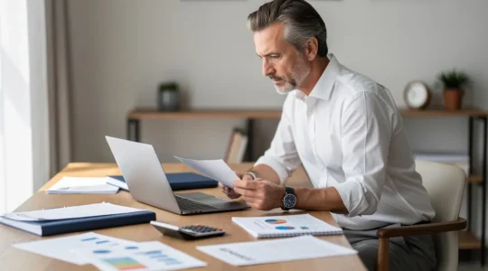 Propriétaire immobilier étudiant attentivement les documents de loyer de référence dans son bureau