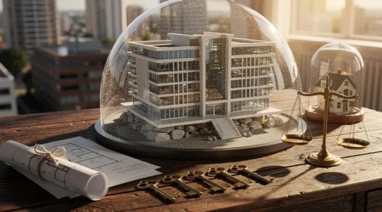 Vue d'ensemble d'un portefeuille immobilier protégé avec symboles de sécurité juridique et physique