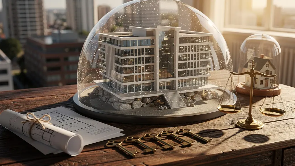 Vue d'ensemble d'un portefeuille immobilier protégé avec symboles de sécurité juridique et physique