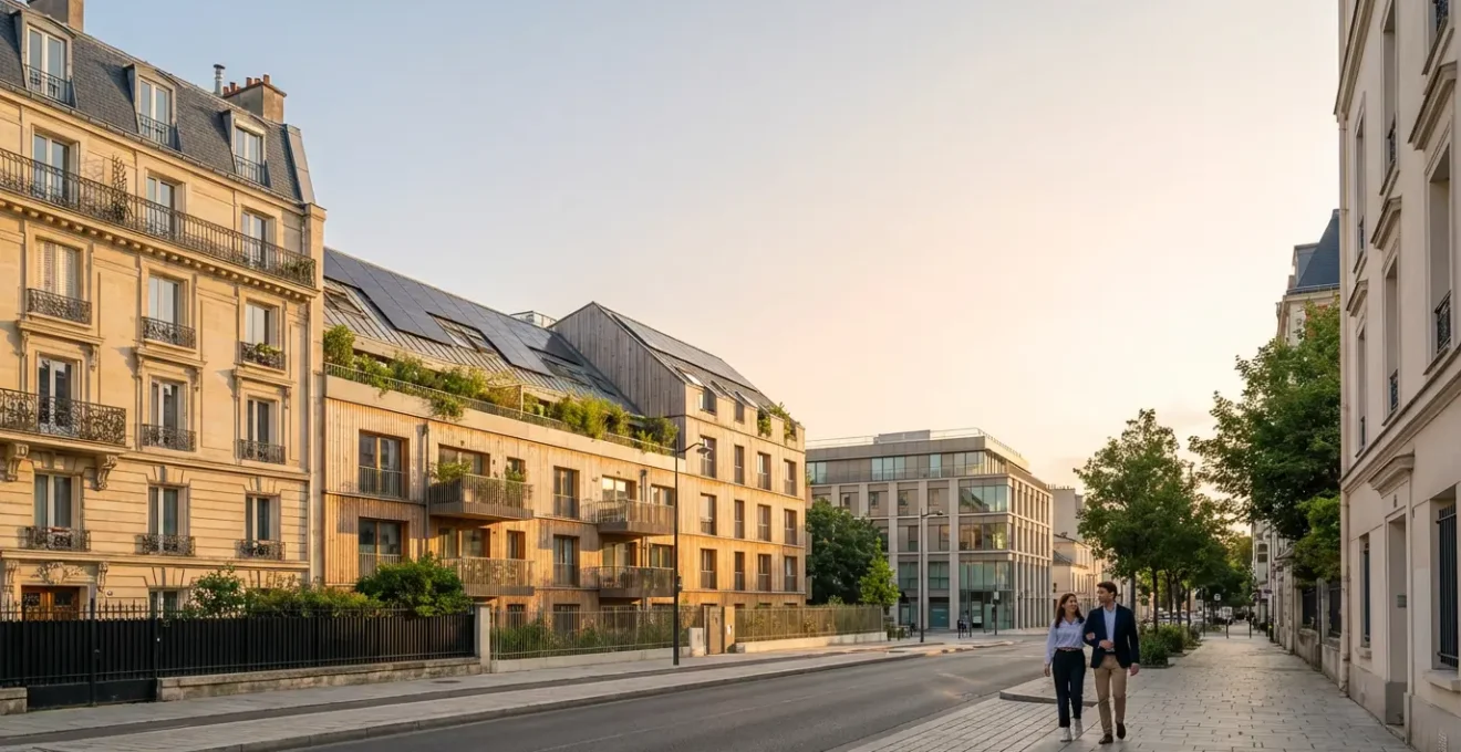 Vue moderne d'un quartier résidentiel français avec architecture variée et espaces verts