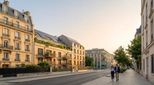 Vue moderne d'un quartier résidentiel français avec architecture variée et espaces verts
