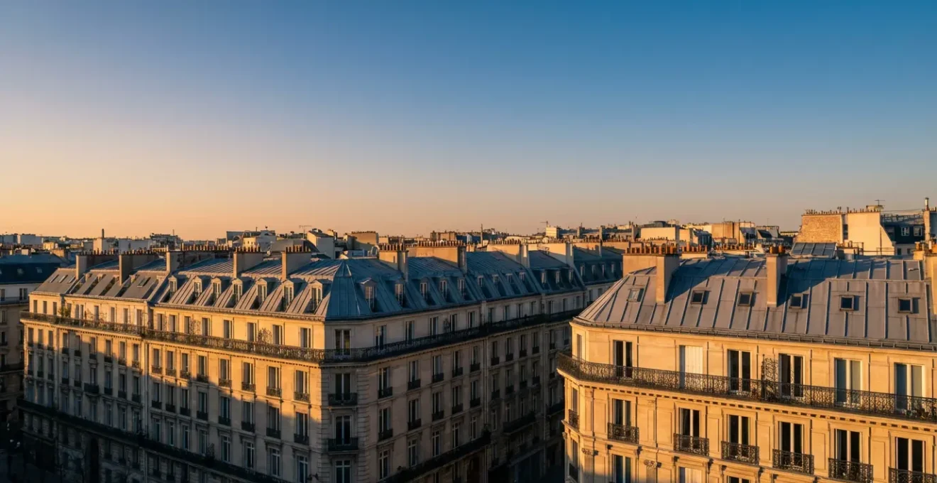 Vue plongeante d'un quartier haussmannien parisien avec immeubles de pierre dorée au coucher du soleil