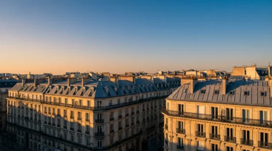 Vue plongeante d'un quartier haussmannien parisien avec immeubles de pierre dorée au coucher du soleil