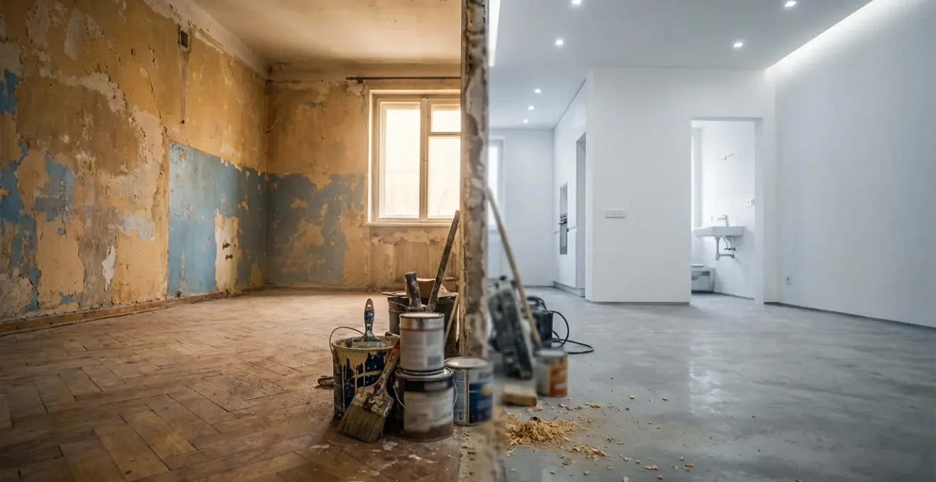 Appartement en cours de rénovation montrant la transformation d'un espace ancien en moderne