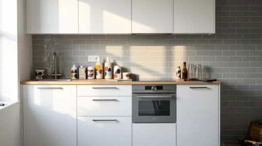 Cuisine contemporaine rénovée avec plan de travail en bois clair, façades blanches et électroménager intégré