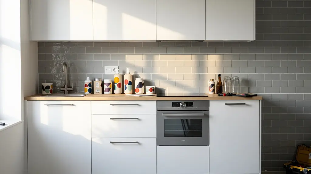 Cuisine contemporaine rénovée avec plan de travail en bois clair, façades blanches et électroménager intégré