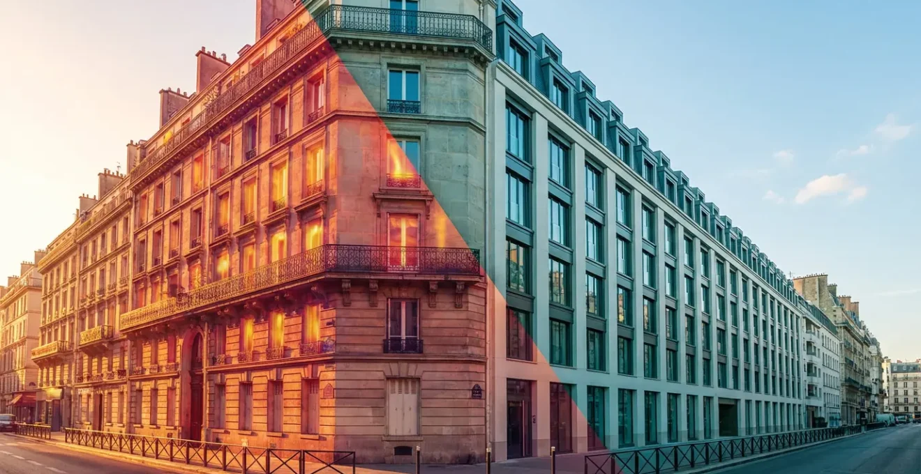 Comparaison visuelle entre un bâtiment ancien énergivore et sa version rénovée énergétiquement