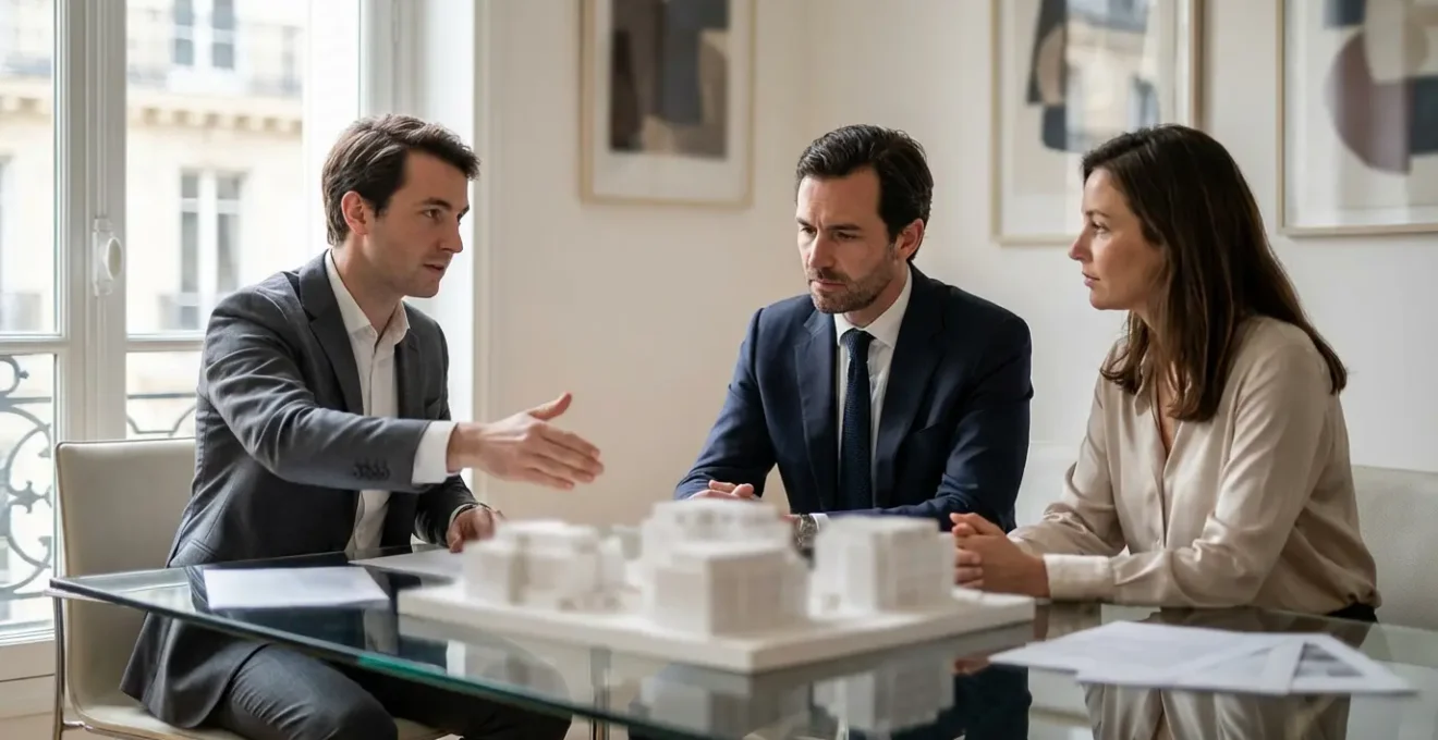 Réunion confidentielle entre professionnels de l'immobilier dans un bureau élégant