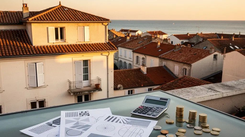 Vue d'ensemble d'une résidence secondaire en zone tendue avec calculatrice et documents fiscaux