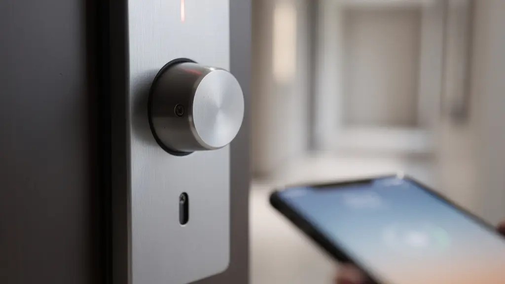 Gros plan sur une main tenant un smartphone devant une porte d'entrée moderne avec serrure intelligente