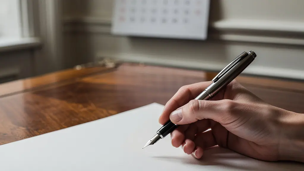 Main signant un document chez le notaire avec calendrier fiscal en arrière-plan