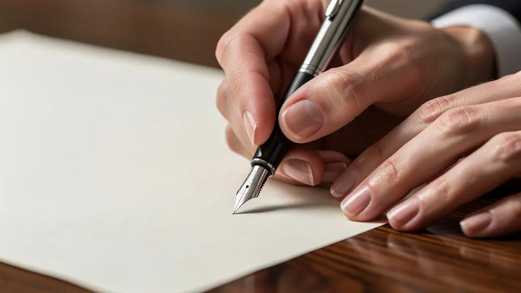 Mains signant un document de mandat sur bureau en bois avec stylo plume