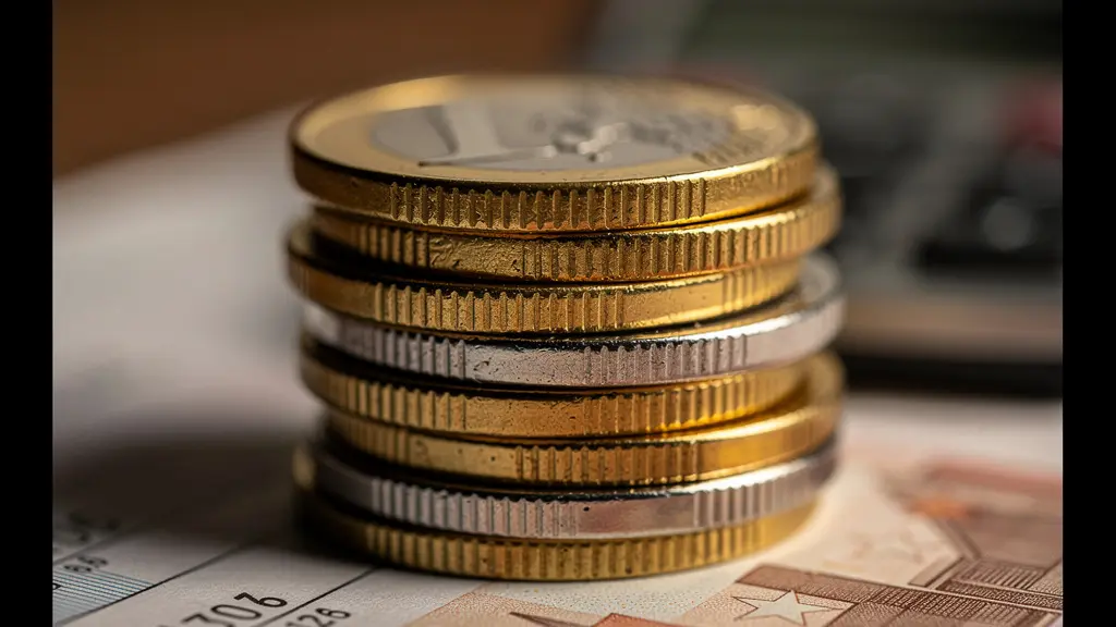 Bureau avec documents de planification financière et piles de pièces représentant l'épargne