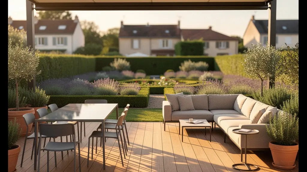 Terrasse contemporaine en bois composite avec vue dégagée sur jardin aménagé