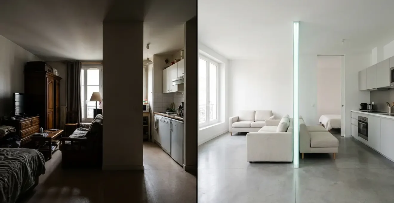 Plans d'architecte montrant la transformation d'un T1 bis en T2 avec suppression de cloison