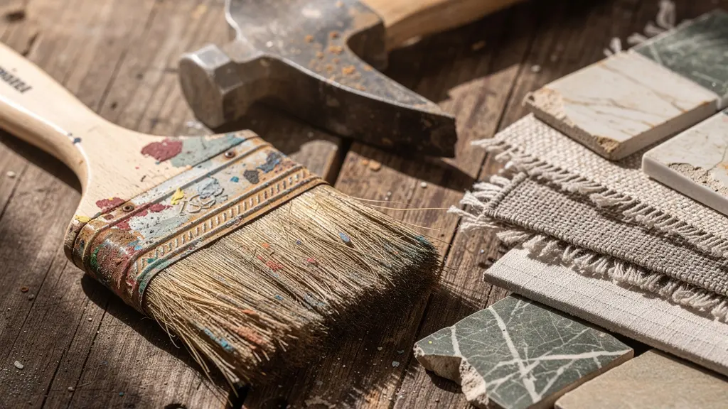 Table de travail avec factures de rénovation organisées et outils de chantier