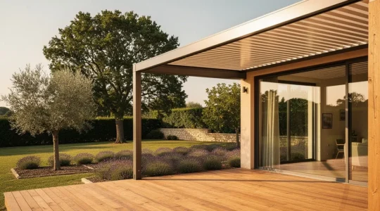 Vue extérieure d'une véranda bioclimatique moderne intégrée à une maison française contemporaine avec lames orientables et vitrage panoramique