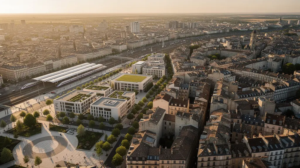 Vue aérienne d'une ville française moderne avec sa gare TGV et ses quartiers rénovés