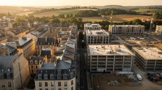Vue aérienne d'une ville française en transformation avec grues de construction et quartiers historiques rénovés