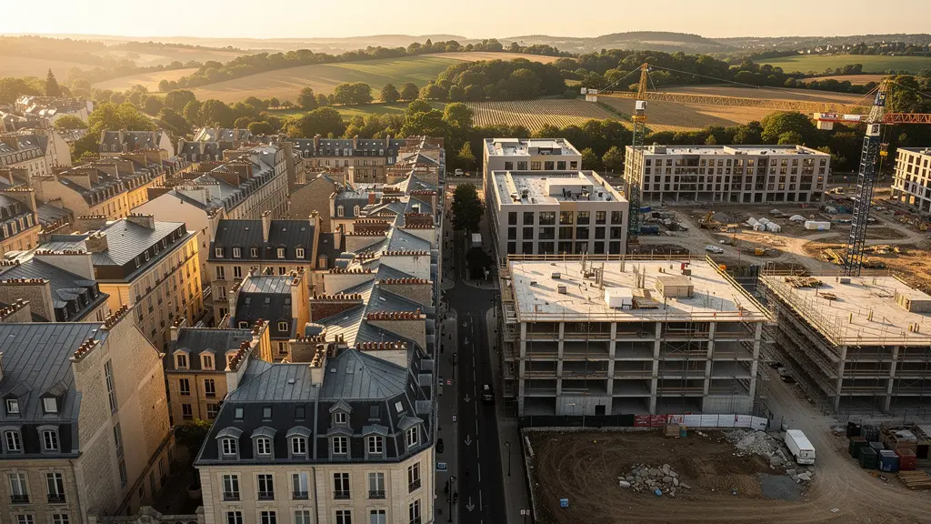 Vue aérienne d'une ville française en transformation avec grues de construction et quartiers historiques rénovés