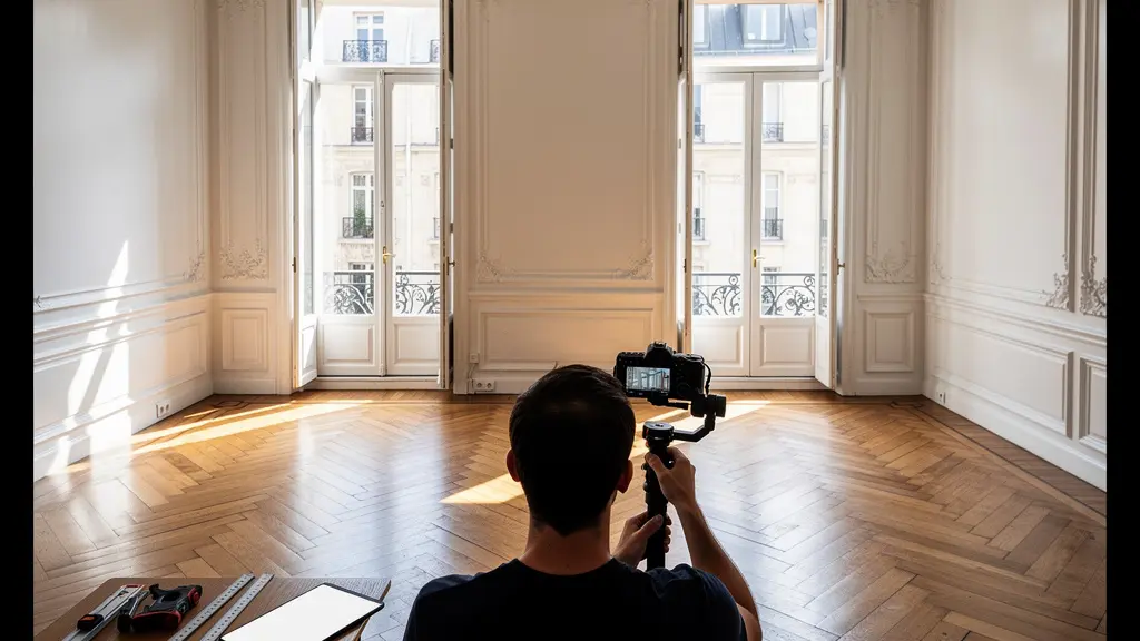 Chasseur immobilier filmant un appartement haussmannien avec équipement professionnel