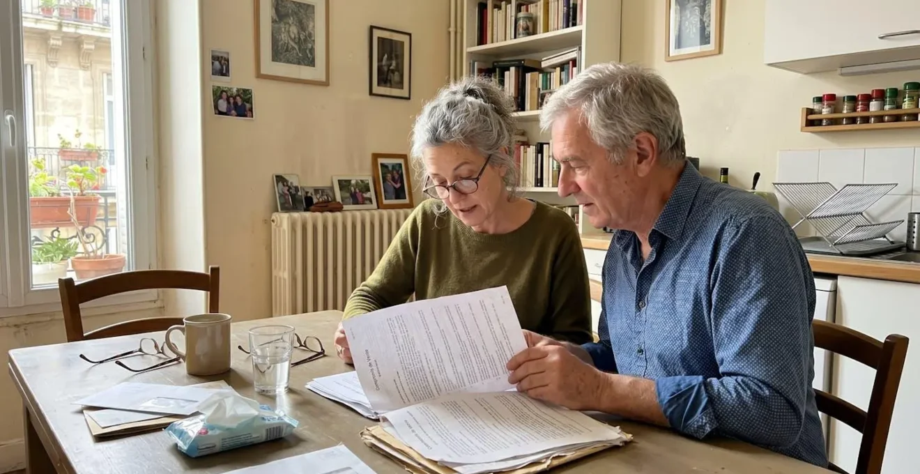 Un couple de retraités assis côte à côte consulte des documents immobiliers sur une table basse dans un salon contemporain baigné de lumière naturelle