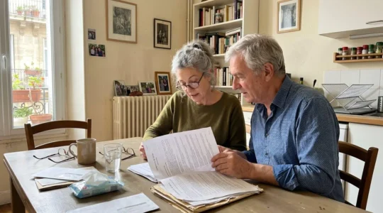 Un couple de retraités assis côte à côte consulte des documents immobiliers sur une table basse dans un salon contemporain baigné de lumière naturelle