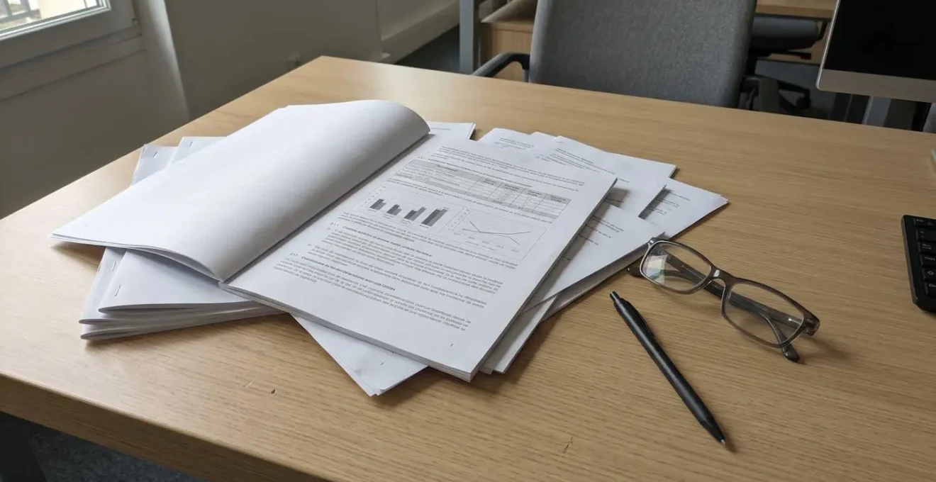 Gros plan sur des mains d'adulte feuilletant des documents administratifs sur un bureau contemporain, avec arrière-plan flou et lumière naturelle latérale douce